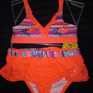 24 months 2 piece belted heart 2 piece swimsuit with lace trim